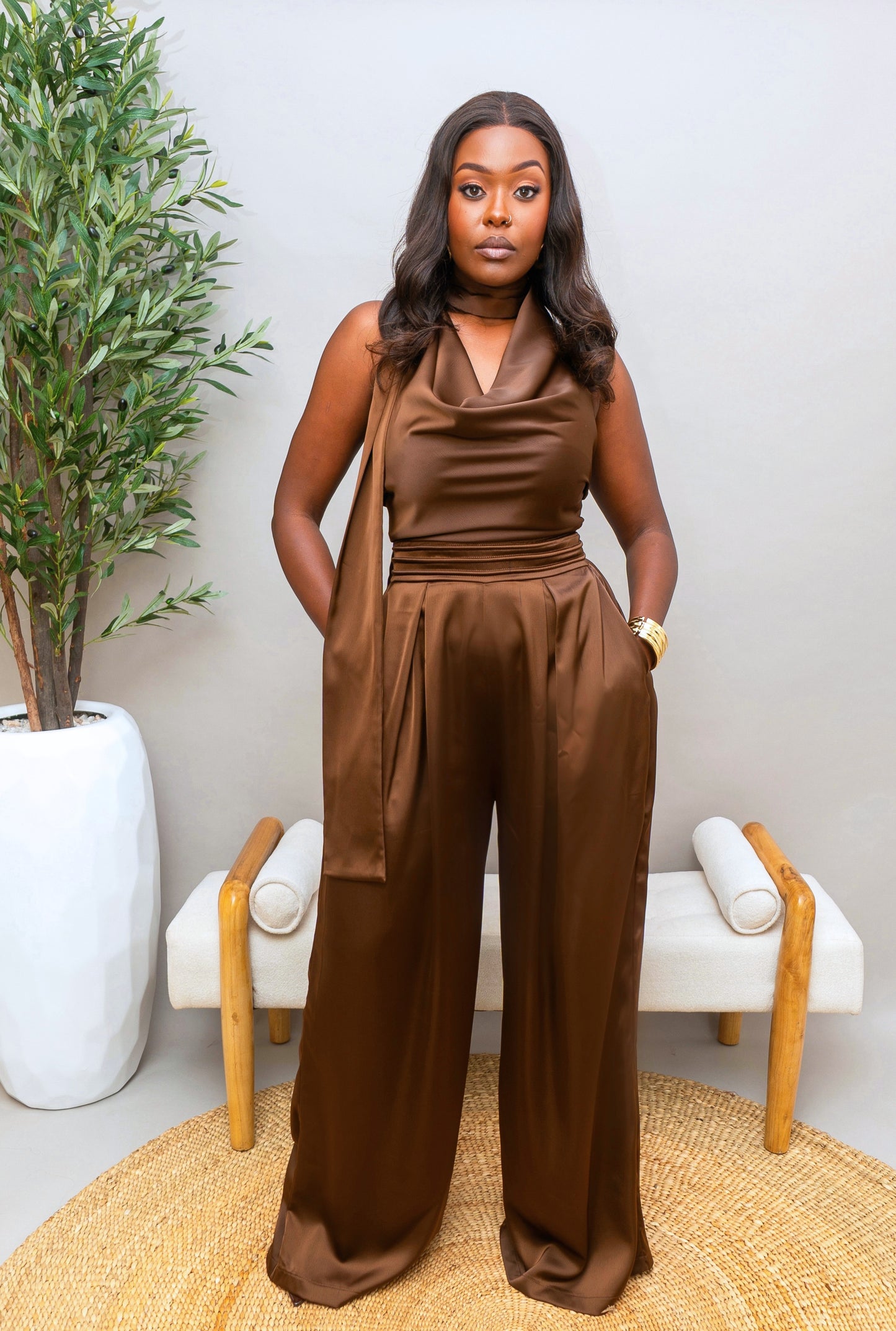 Alaya Satin Jumpsuit - Choco