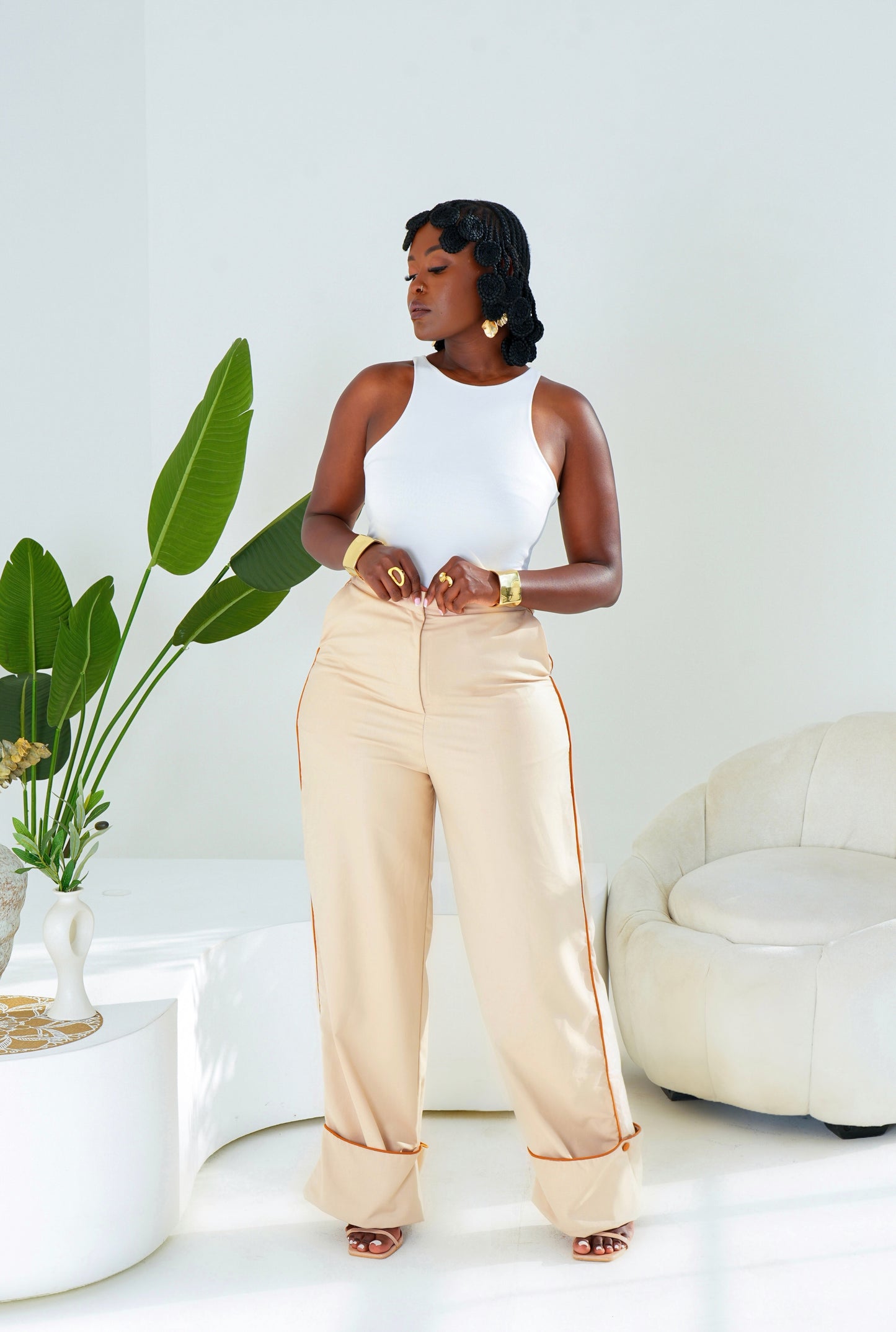 Eira Cuffed Hem Pants - Beige