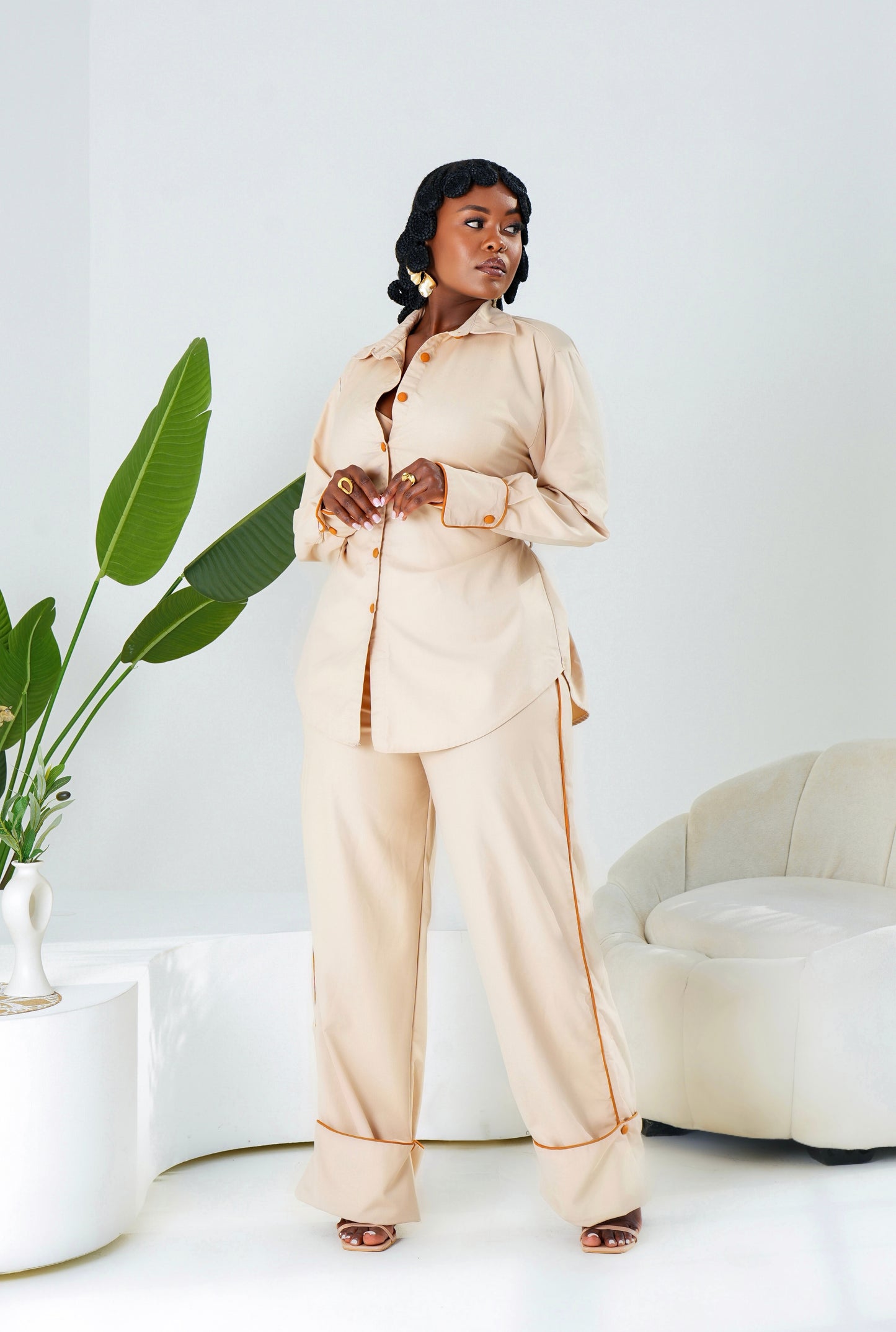 Eira Cuffed Hem Pants - Beige