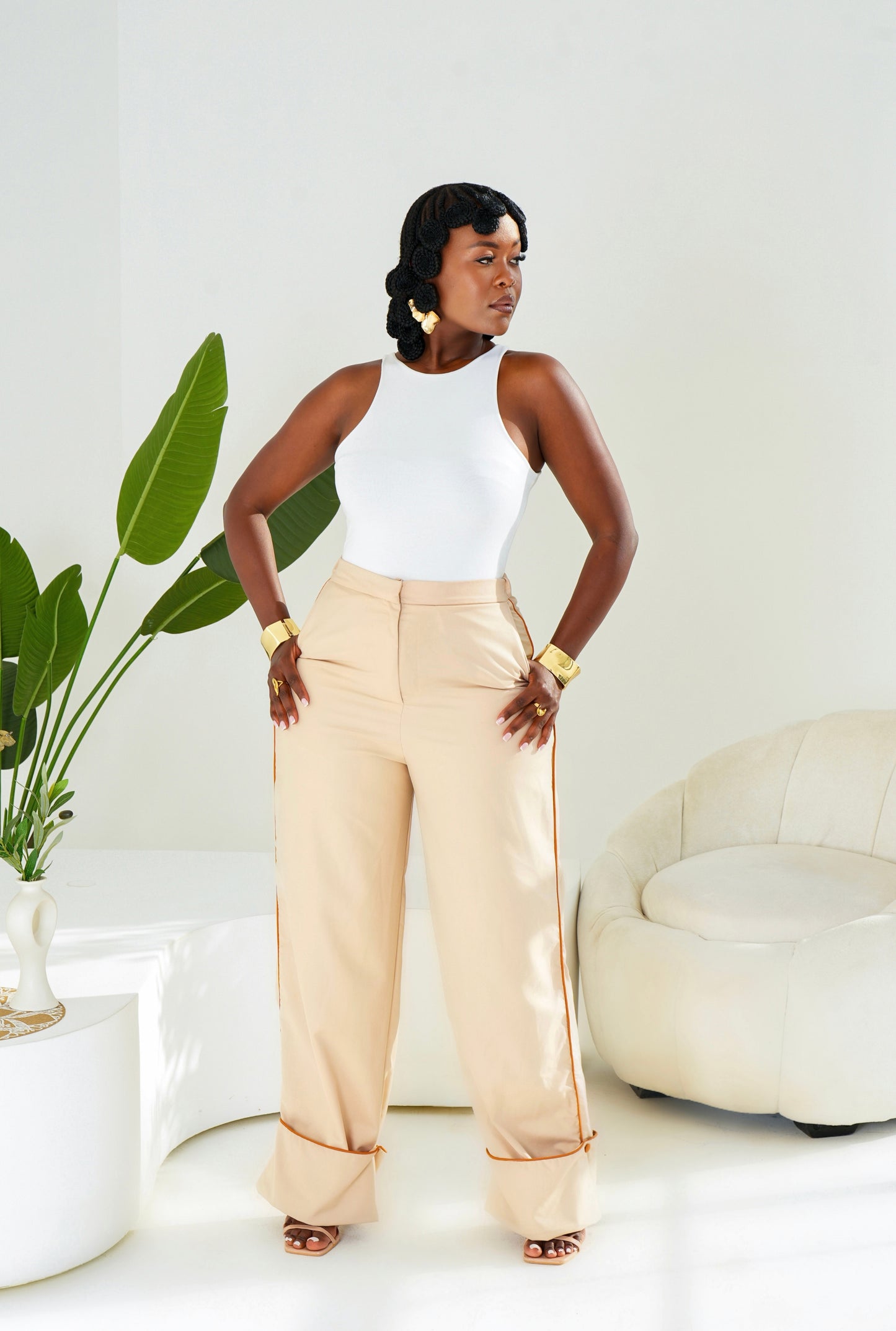 Eira Cuffed Hem Pants - Beige