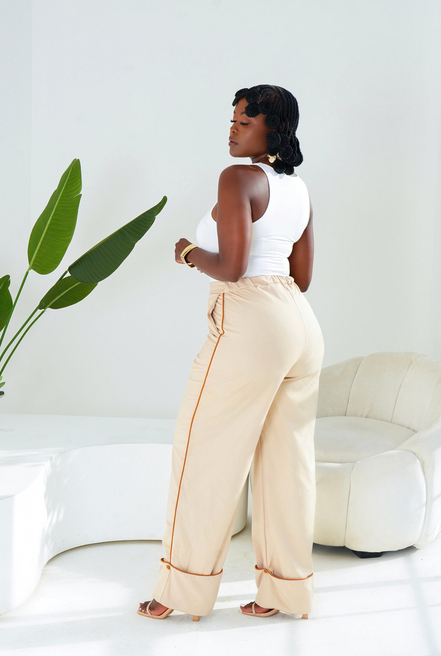 Eira Cuffed Hem Pants - Beige
