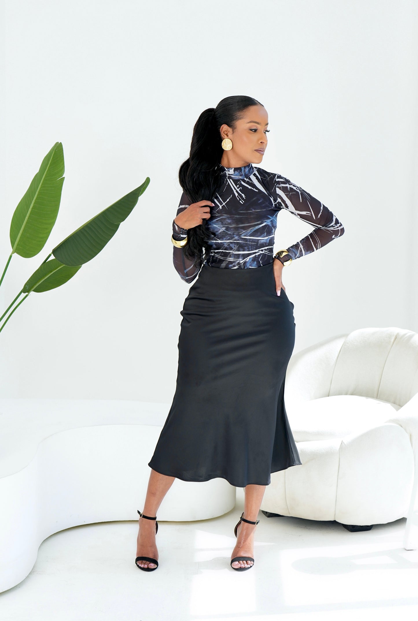 Anifa Midi Satin Skirt - Black