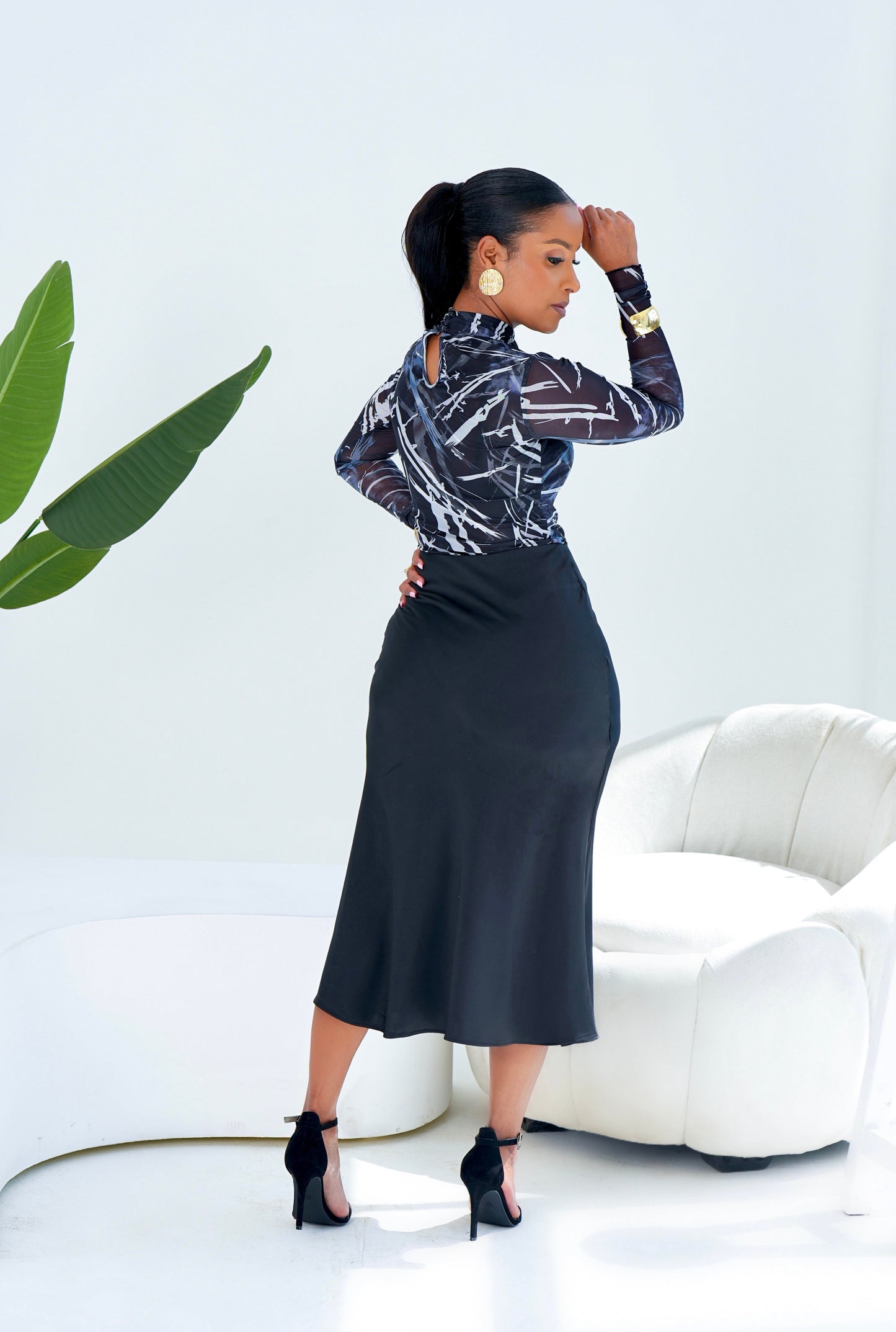 Anifa Midi Satin Skirt - Black
