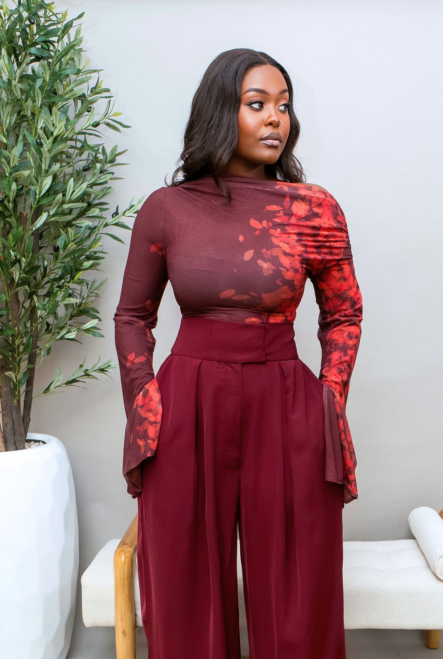 Amarah Mesh Bodysuit - Burnt Maroon