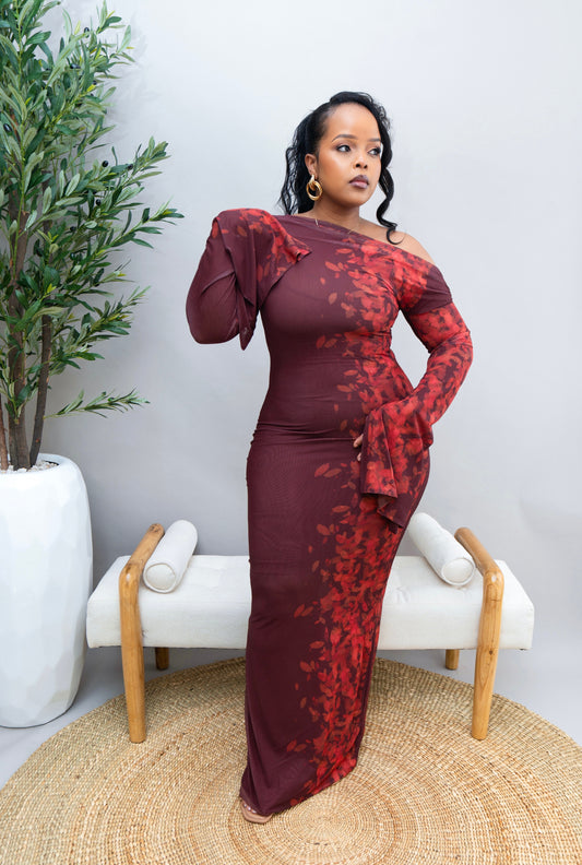 Amarah Printed Mesh Dress - Burnt Maroon