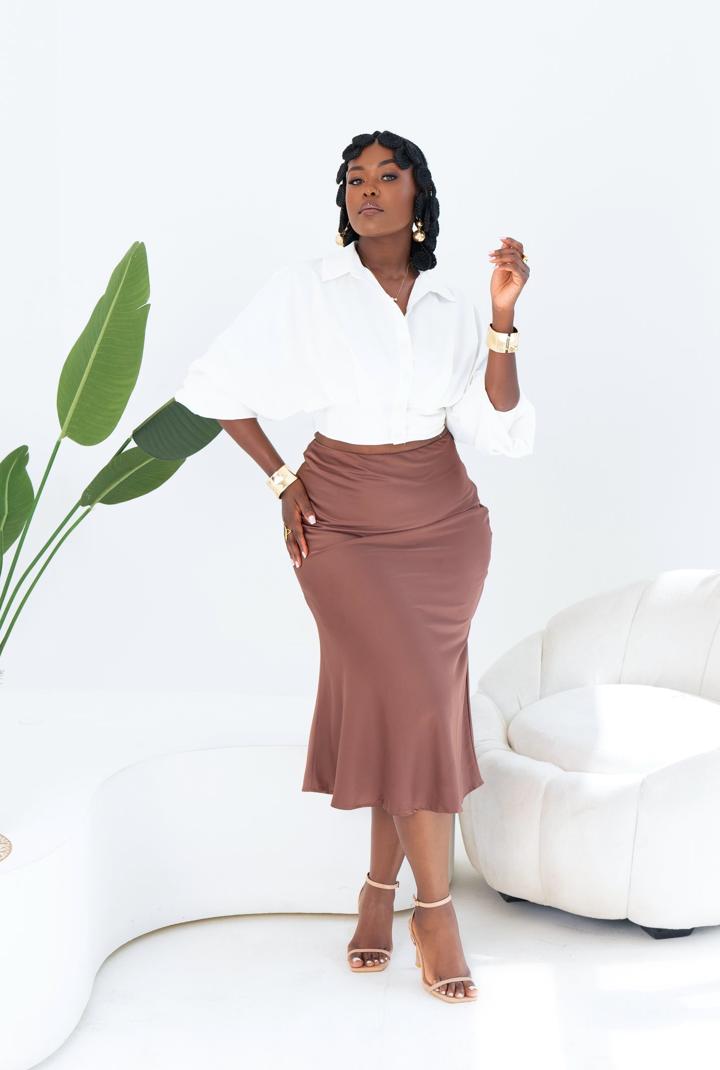 Anifa Midi Satin Skirt - Chestnut