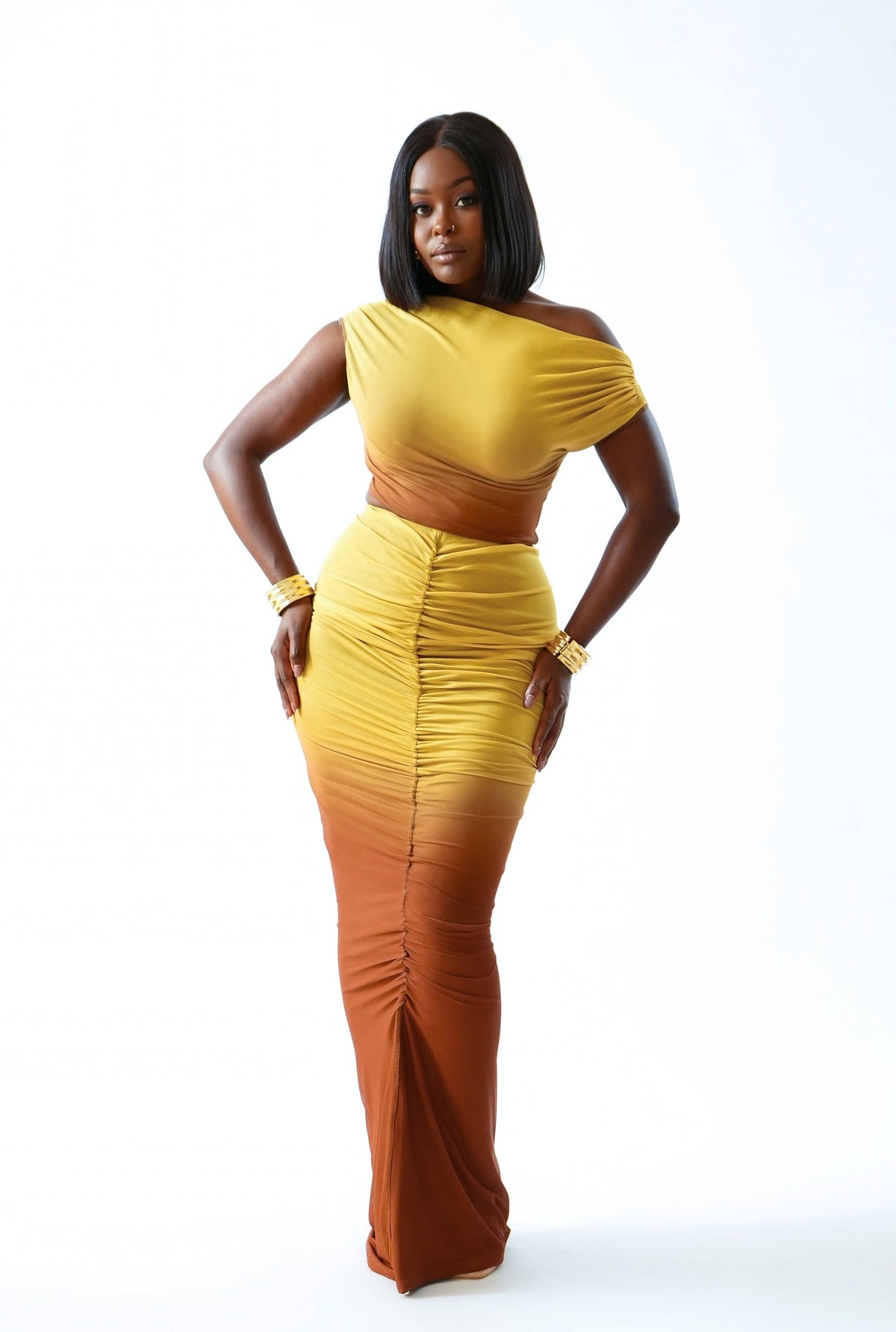 Aymar Mesh Skirt Set - Yellow brown gradient