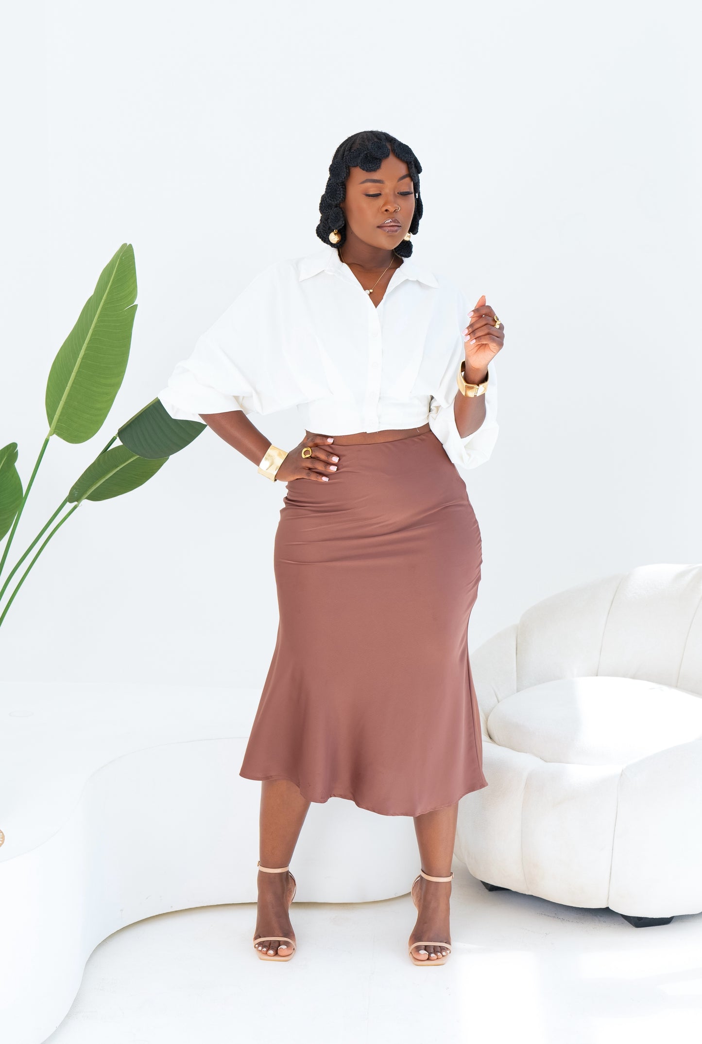 Anifa Midi Satin Skirt - Chestnut
