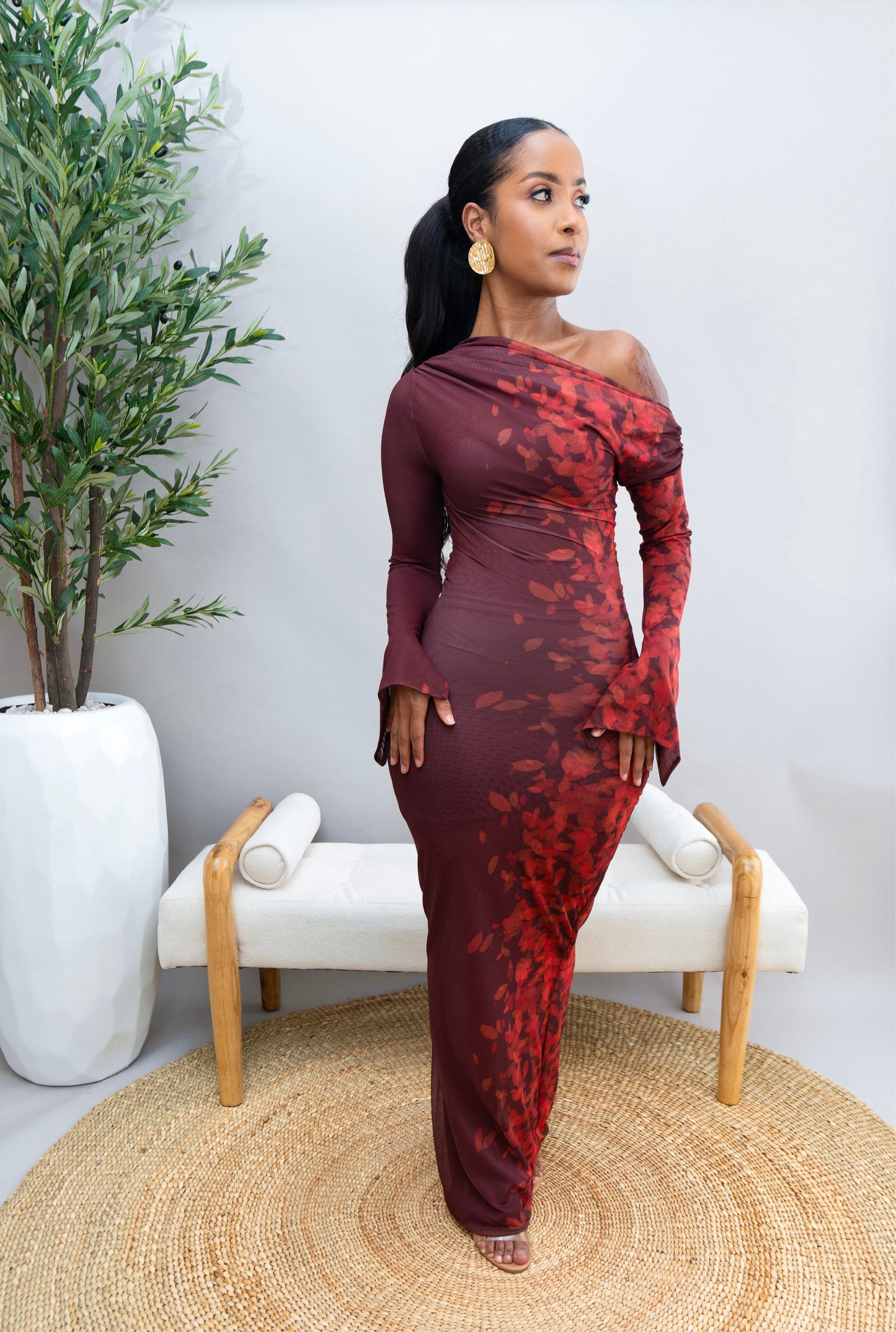 Amarah Printed Mesh Dress - Burnt Maroon