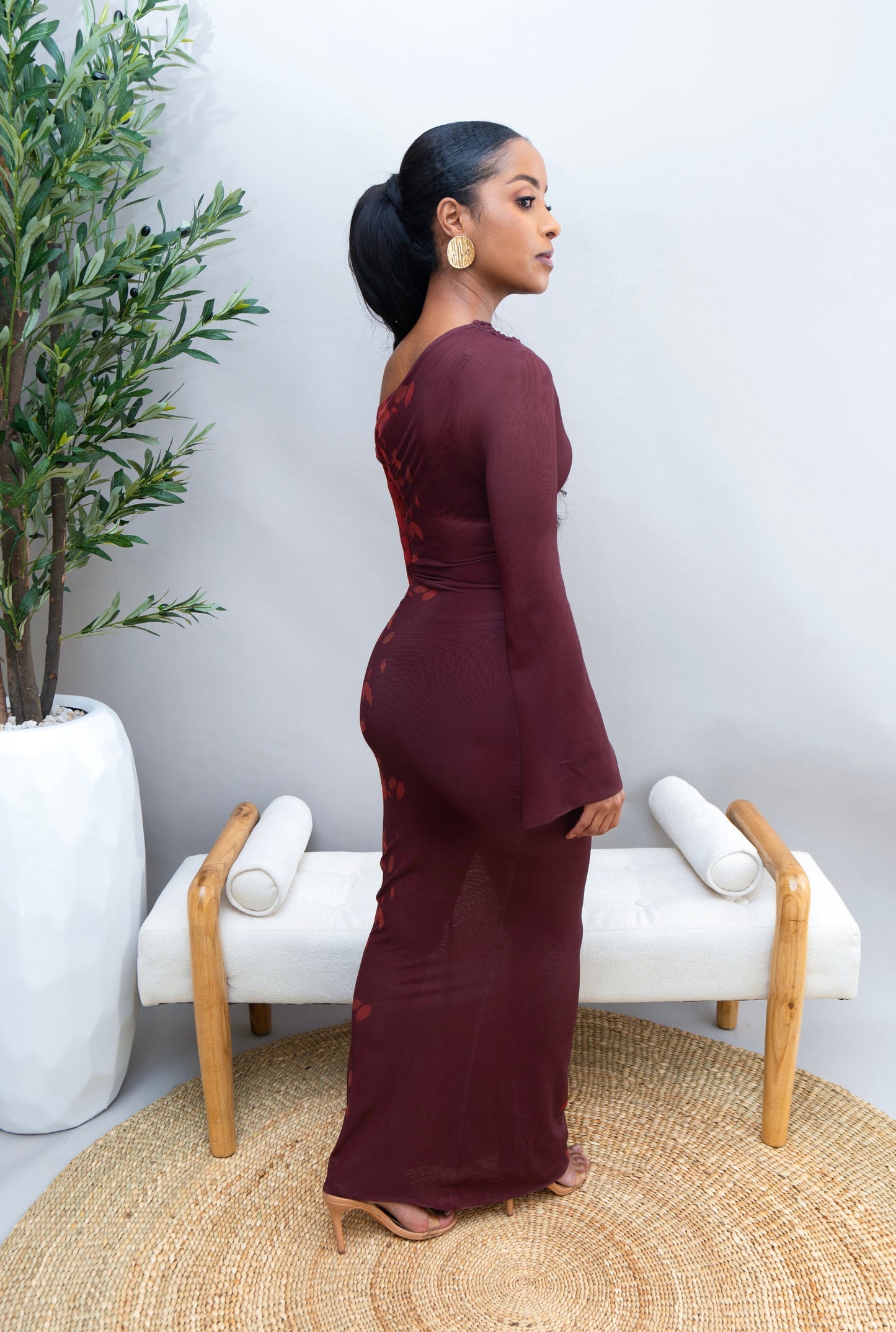 Amarah Printed Mesh Dress - Burnt Maroon