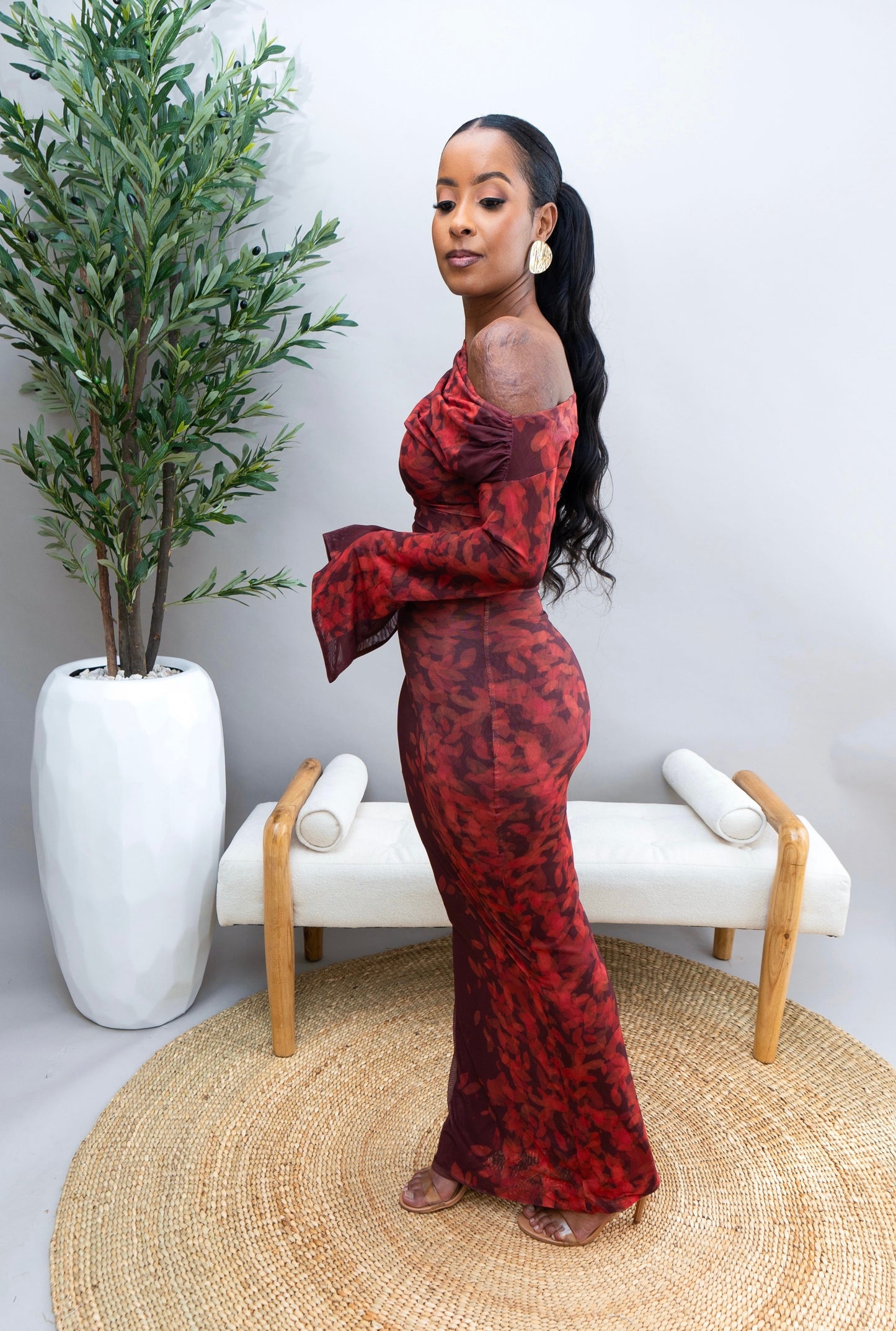 Amarah Printed Mesh Dress - Burnt Maroon