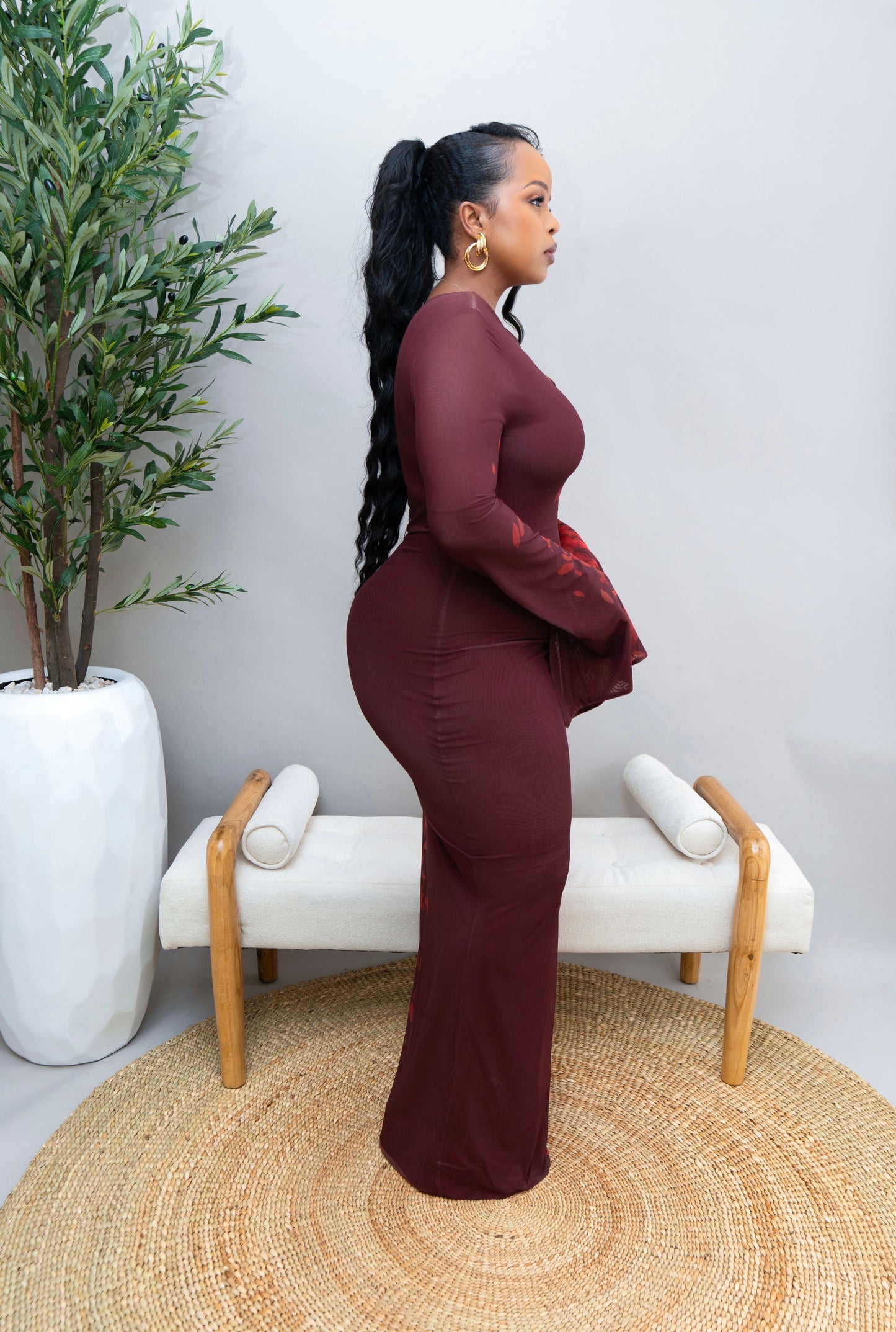 Amarah Printed Mesh Dress - Burnt Maroon