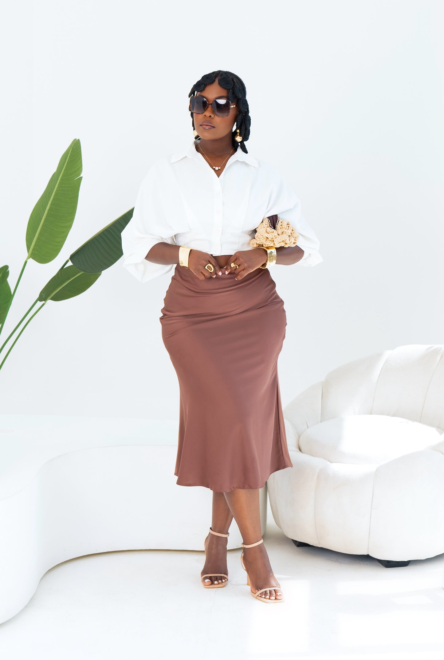 Anifa Midi Satin Skirt - Chestnut