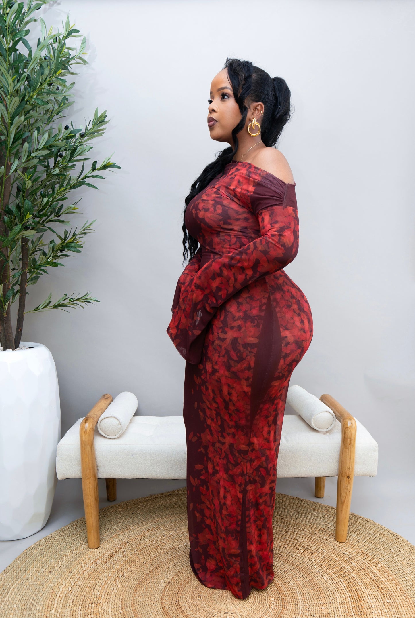 Amarah Printed Mesh Dress - Burnt Maroon