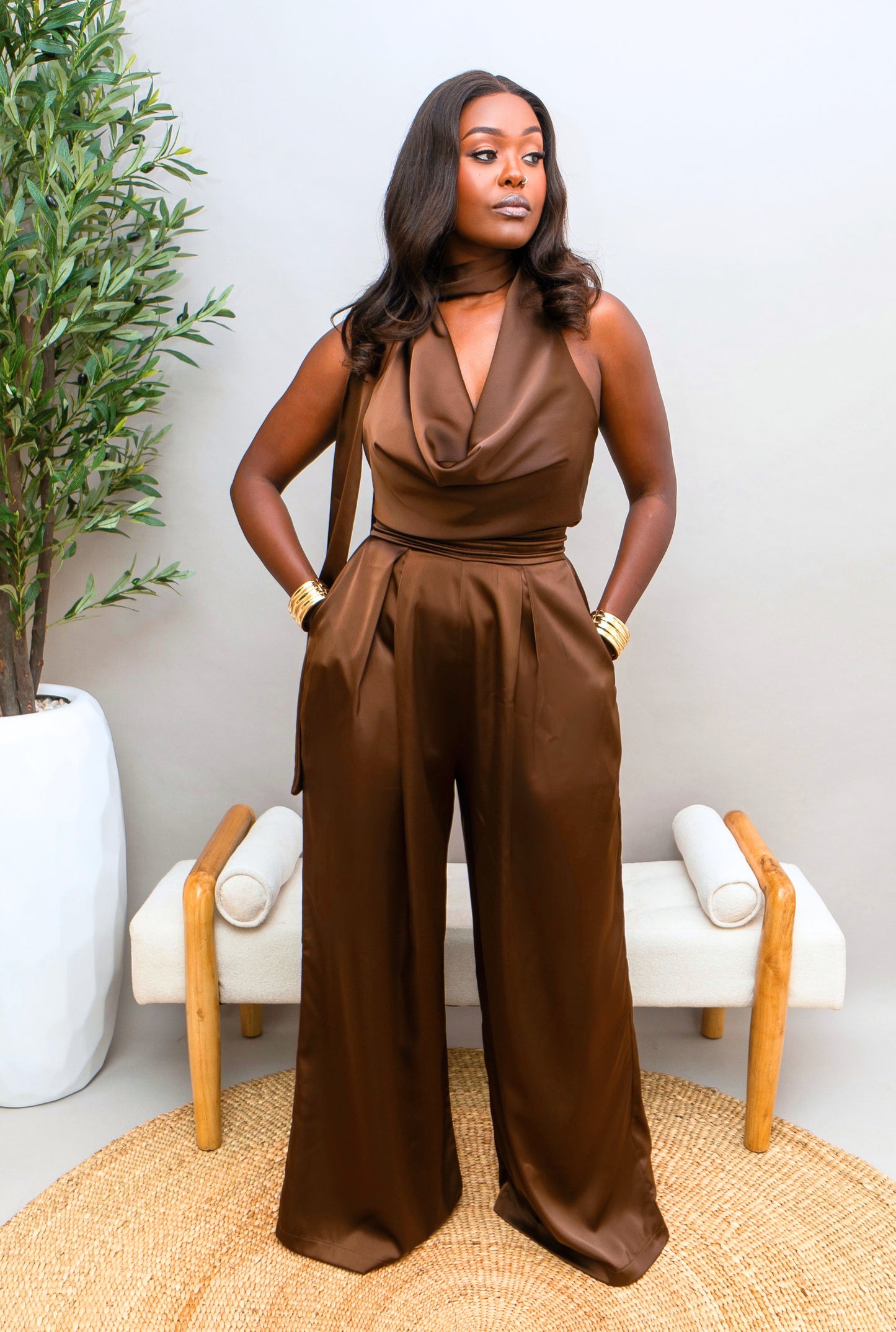Alaya Satin Jumpsuit - Choco