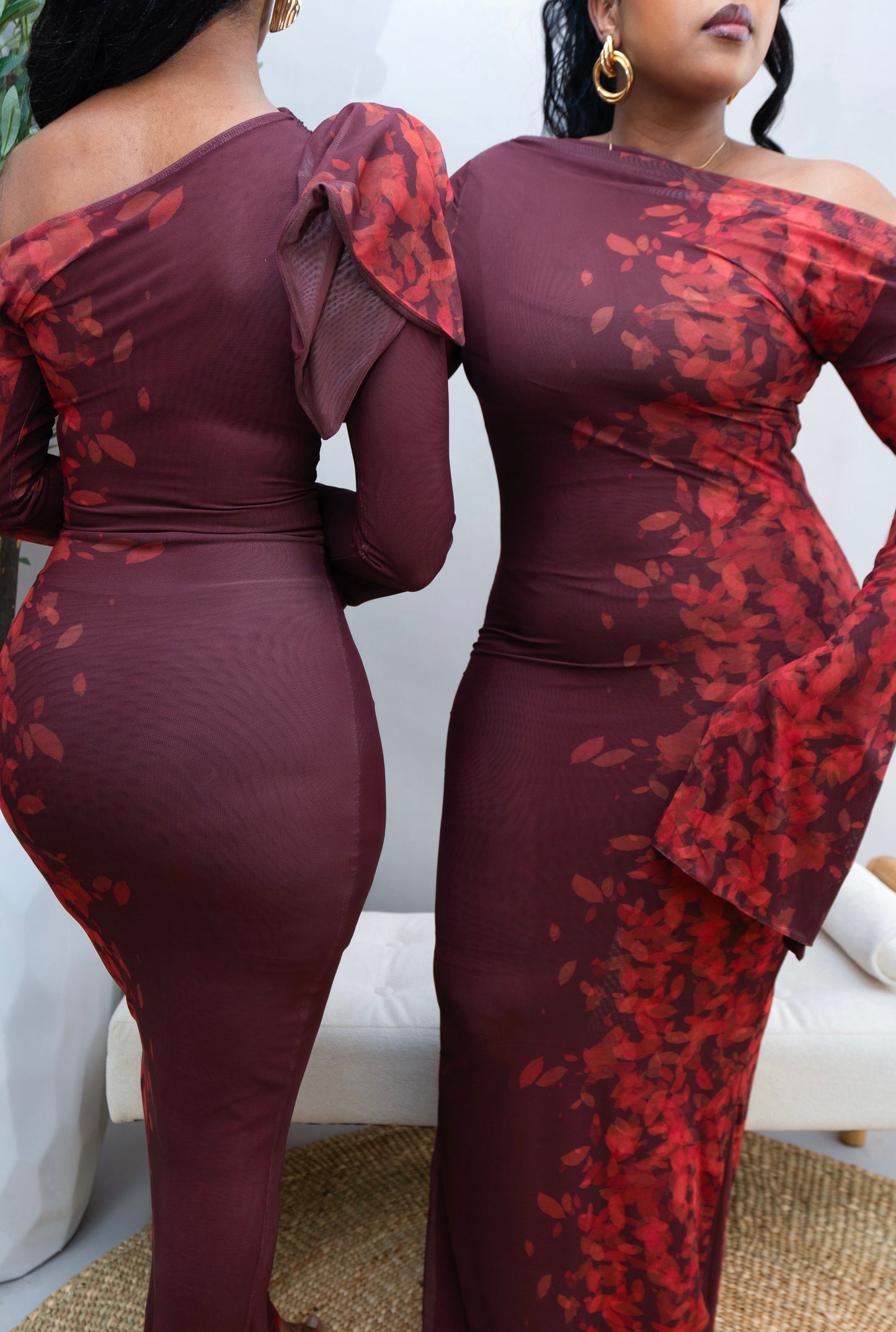 Amarah Printed Mesh Dress - Burnt Maroon